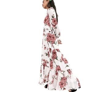 SISTER JANE Floral Maxi Dress Tiered Ruffle Womens Sz M Pink Boho Cottagecore